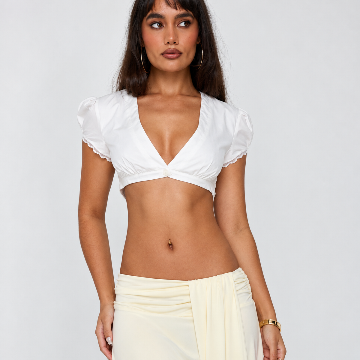 Delliah White Micro Crop Top – Puff Sleeve Lace Trim Blouse