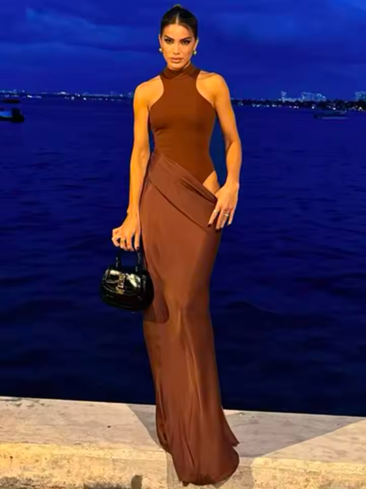Elegant Black Satin Maxi Dress for Women – Sleeveless High Waist Hollow Out Dress for Autumn Parties and Clubwear