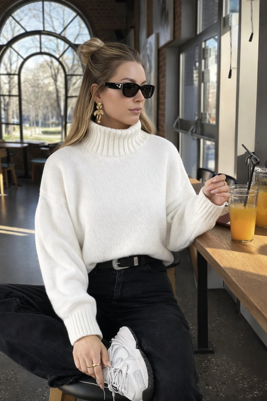Women’s High Neck Ribbed Knit Sweater – Slim Fit White Commuter Pullover for Autumn & Winter - UltraChic