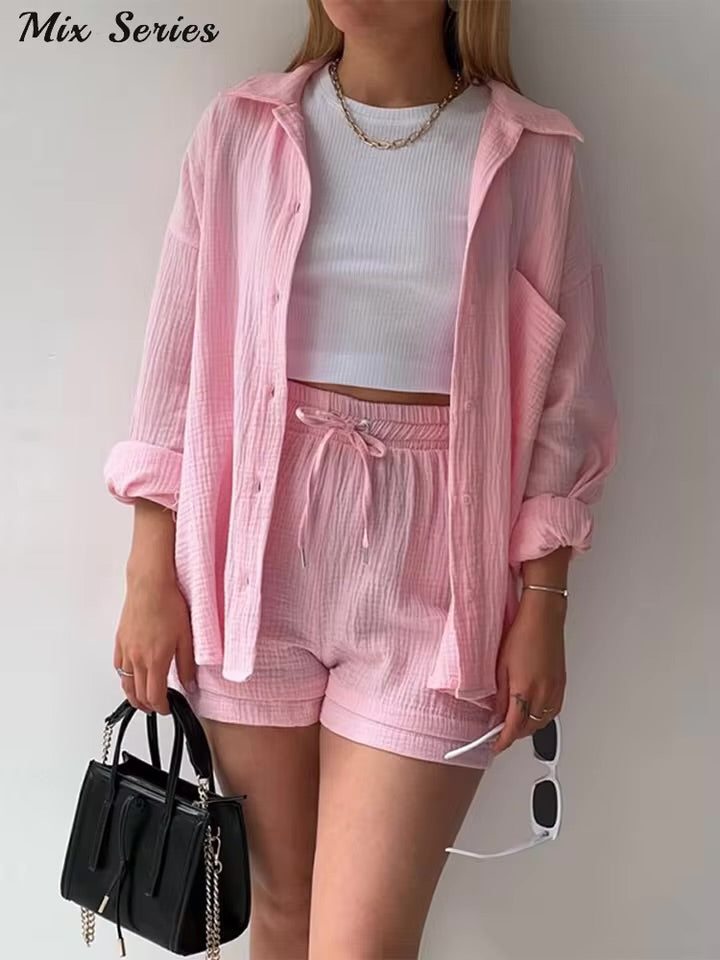 Effortless Elegance – Spring 2025 Pleated Blouse & Lace-Up Shorts Set for the Modern Muse