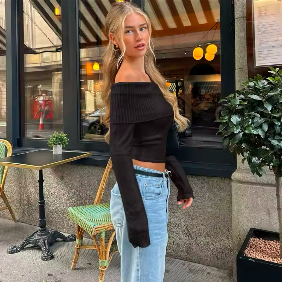 Candyhot Off Shoulder Ribbed Crop Top – Elegant Fall Fashion with Y2K Style, Casual Long Sleeve Slim Fit Tee