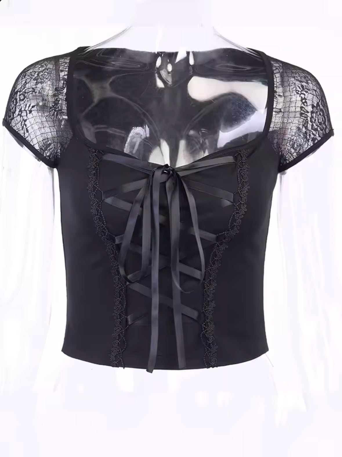 Vintage Goth T-Shirt for Women | Sexy Black Lace & Bandage Mesh Top - Casual Gothic Streetwear