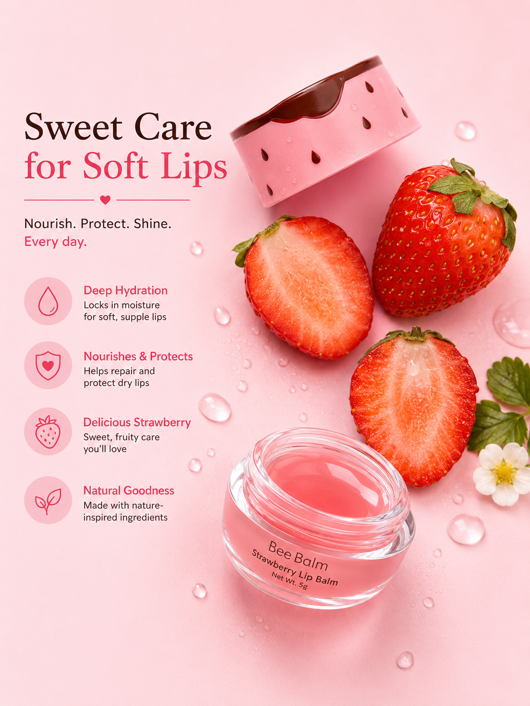 Bee Balm Strawberry Lip Balm – Deep Hydration & Nourishing Lip Care for Soft Glossy Lips