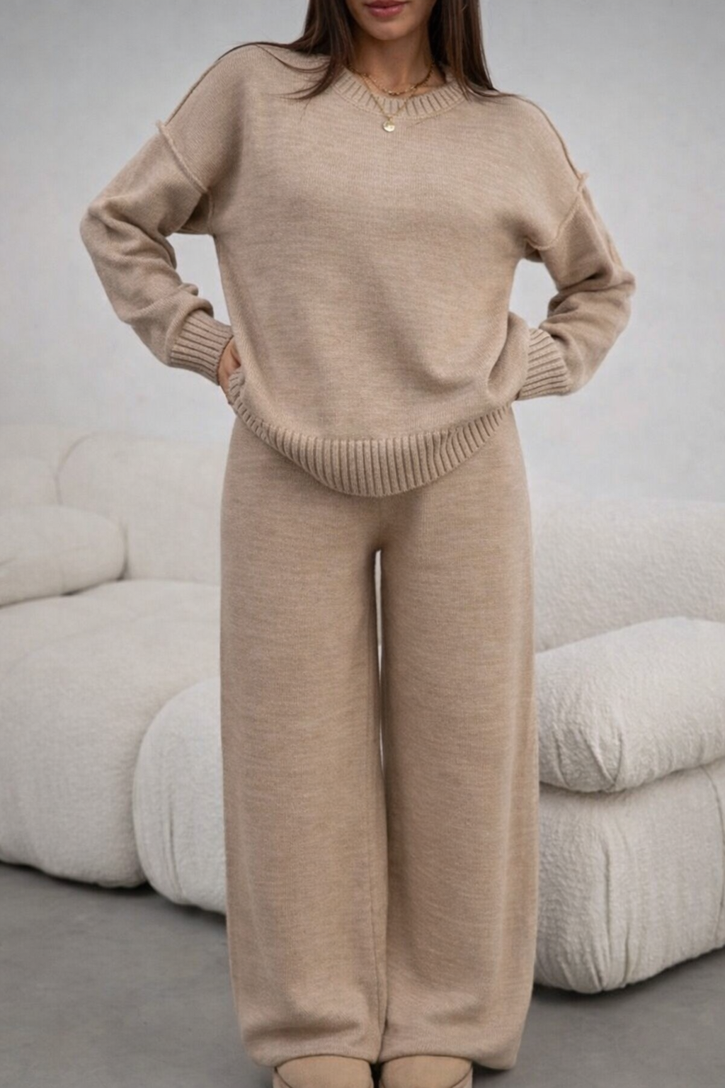 Women’s V-Neck Belted Knit Two-Piece Set – Casual Autumn Commuter Outfit - UltraChic