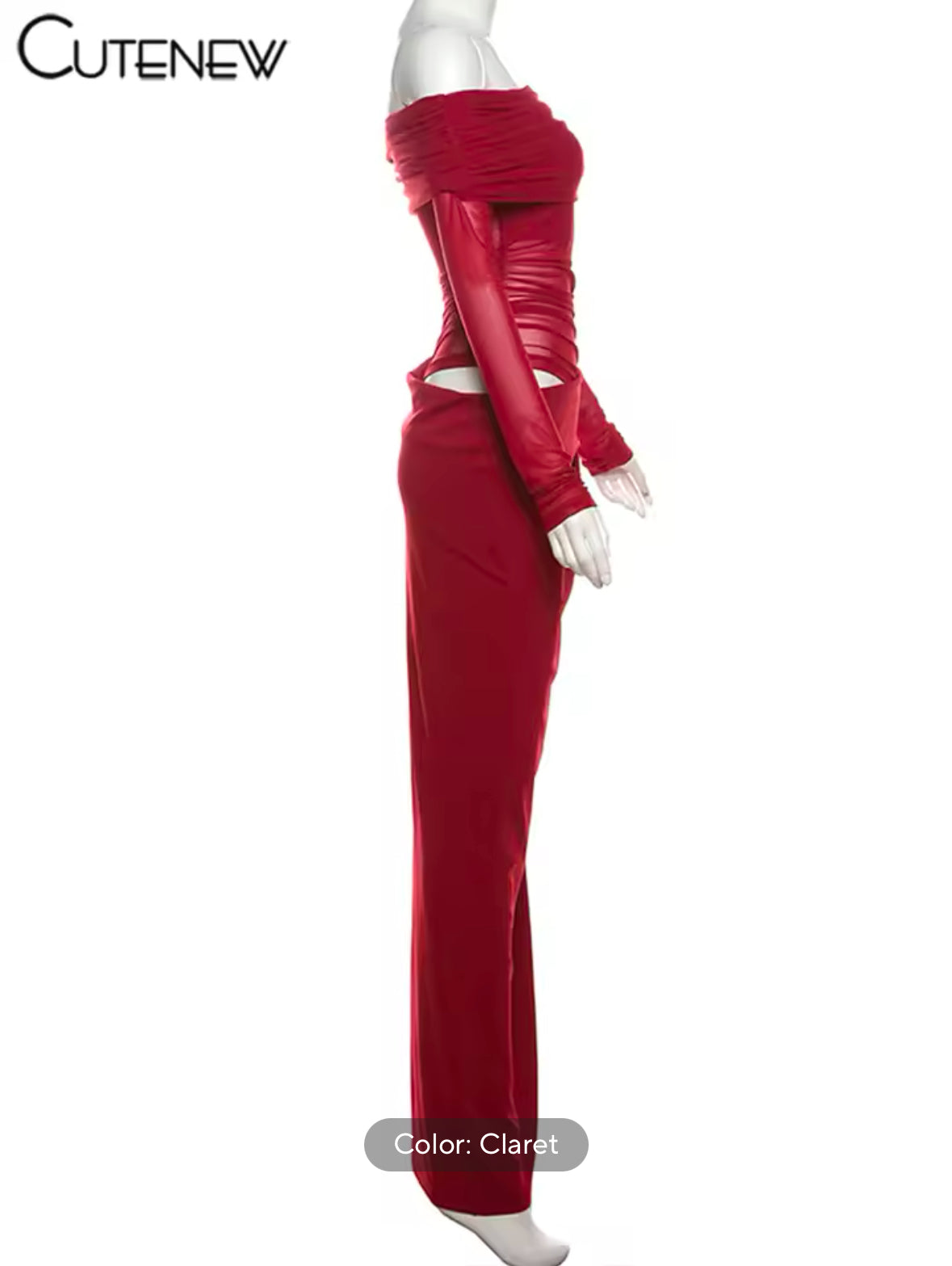 Sexy Mesh Ruched Maxi Dress for Women – Off Shoulder Sheer Long Sleeve Bodycon Gown for Midnight Parties