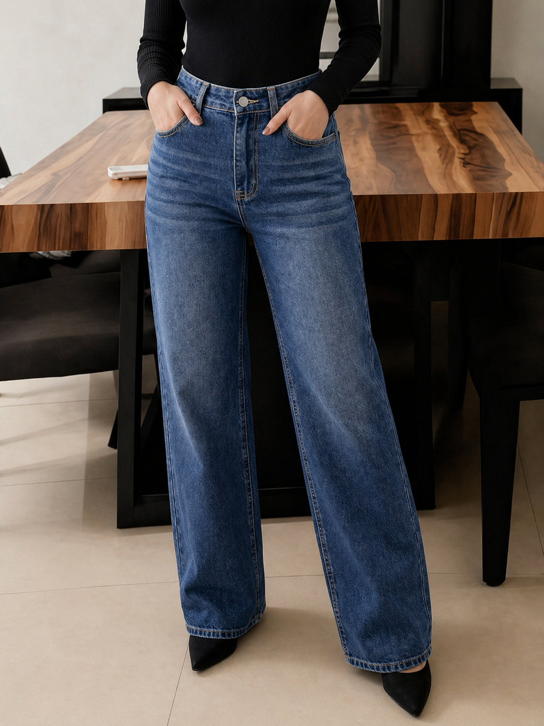 Wide Leg Denim Jeans High Waist Structured Fit Flattering Slim Silhouette All Season Women