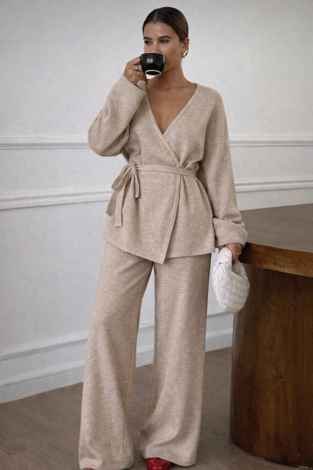 Women’s V-Neck Belted Knit Two-Piece Set – Casual Autumn Commuter Outfit - UltraChic