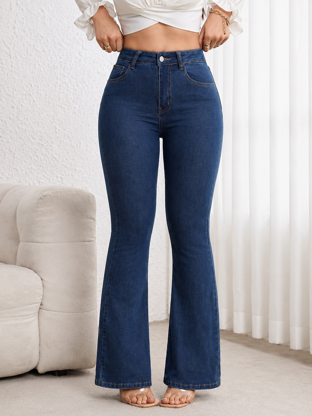 Flare Denim Jeans High Waist Curve Enhancing Slim Fit Legs Elongating Elegant Look All Season Women