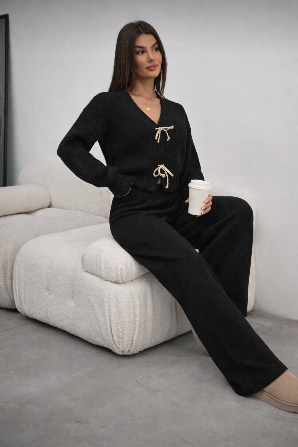 Women’s Chunky Knit Cardigan & Pants Set – Bow Front Winter Lounge Outfit