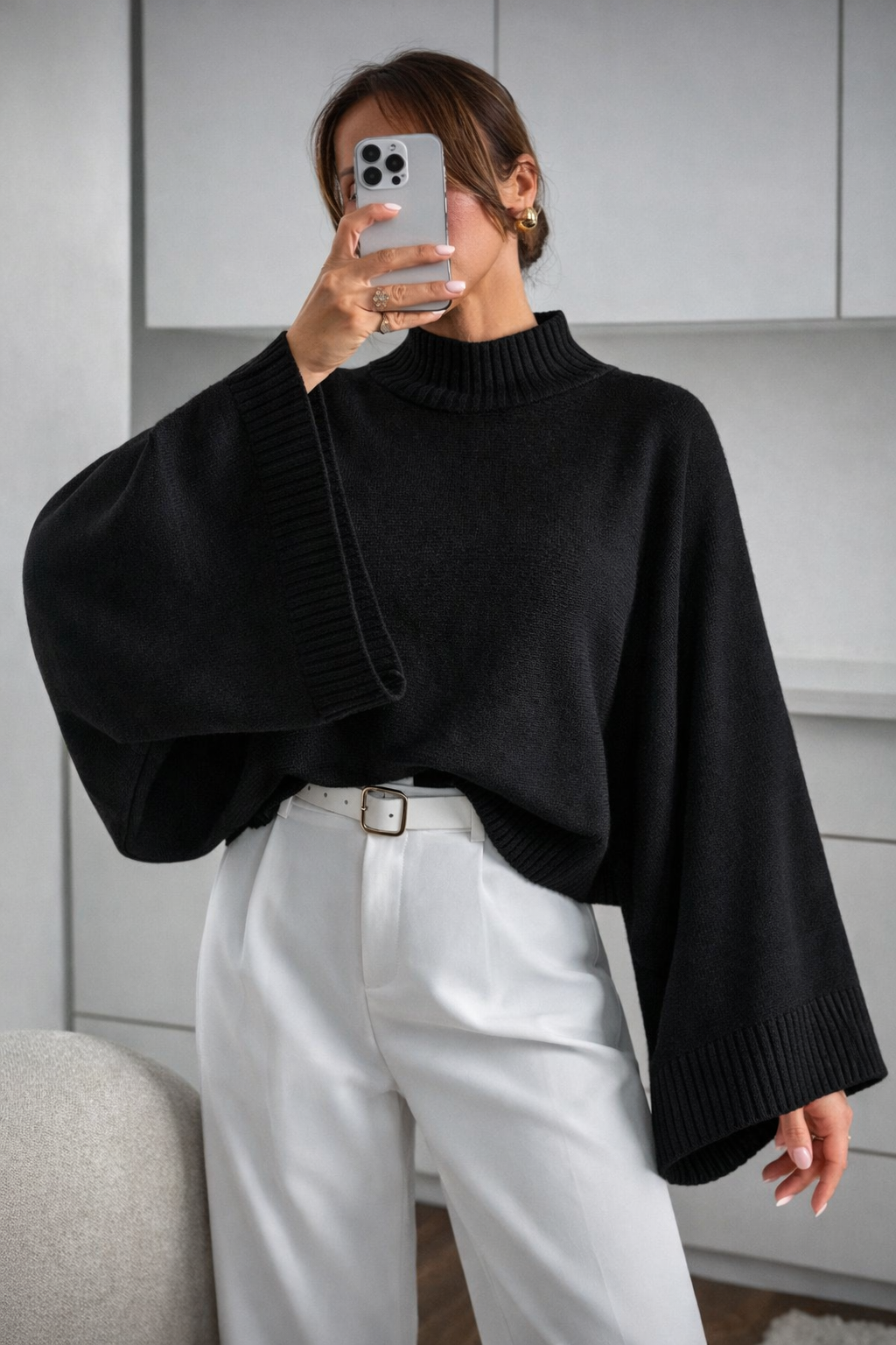Women’s Oversized Batwing Sleeve Knit Sweater – Minimalist Mock Neck Winter Jumper - UltraChic