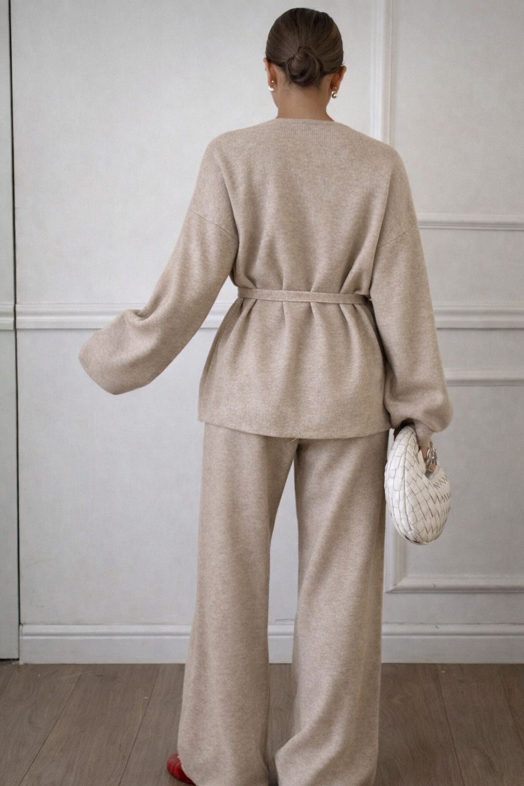 Women’s V-Neck Belted Knit Two-Piece Set – Casual Autumn Commuter Outfit - UltraChic