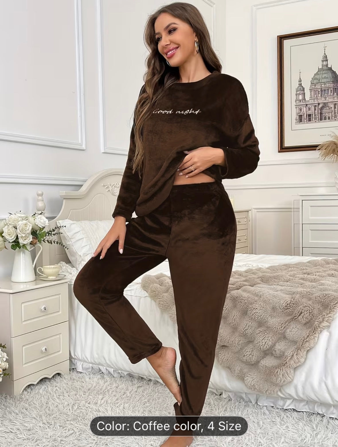 Women’s Autumn/Winter Flannel Coral Fleece Long Sleeve Pajama Set – Comfortable Warm Loungewear with Letter Embroidery, Casual Home Sleepwear Black - UltraChic