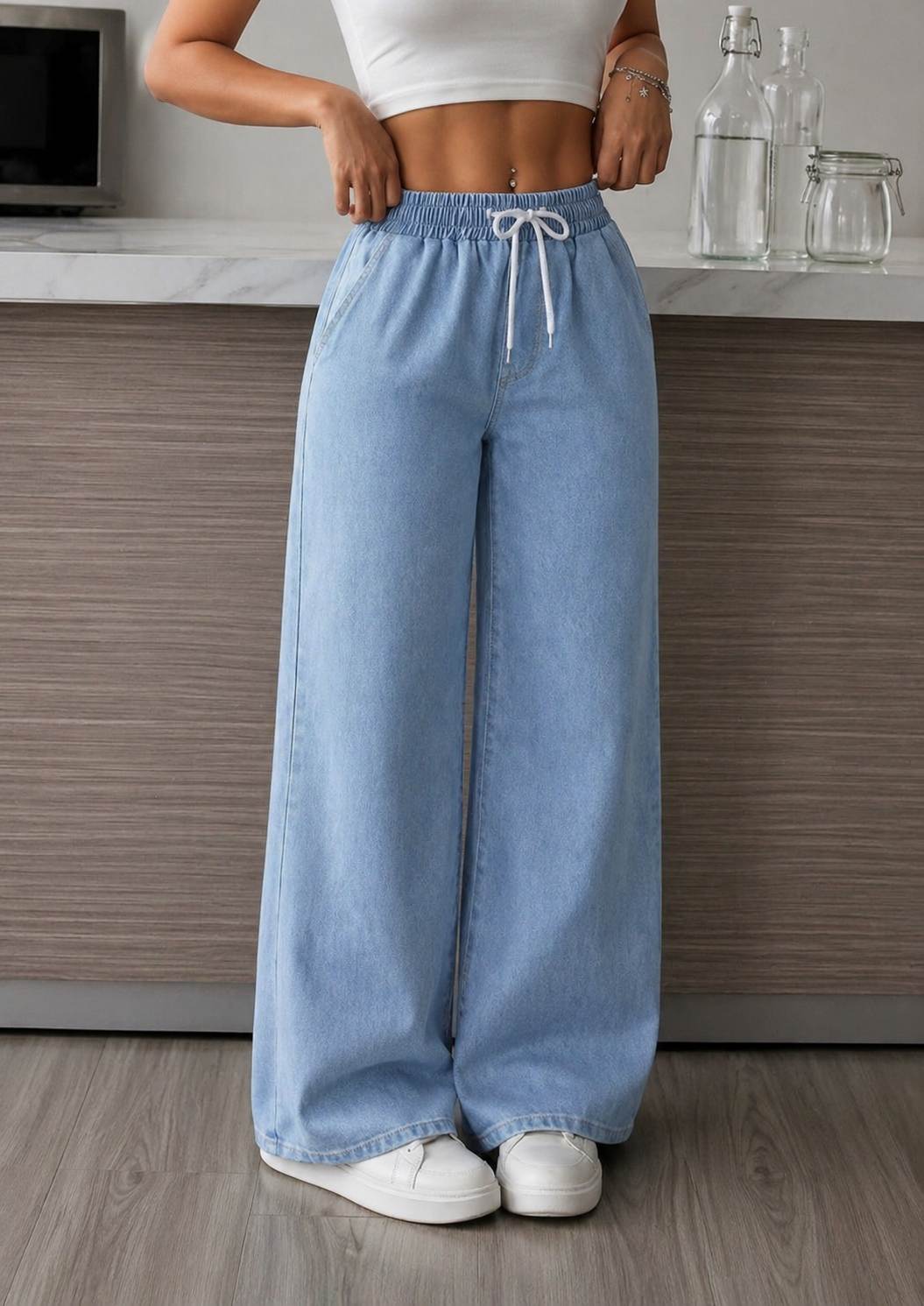Drawstring Waist Denim Jeans High Comfort Relaxed Fit Effortless Casual Style All Season Women Petite