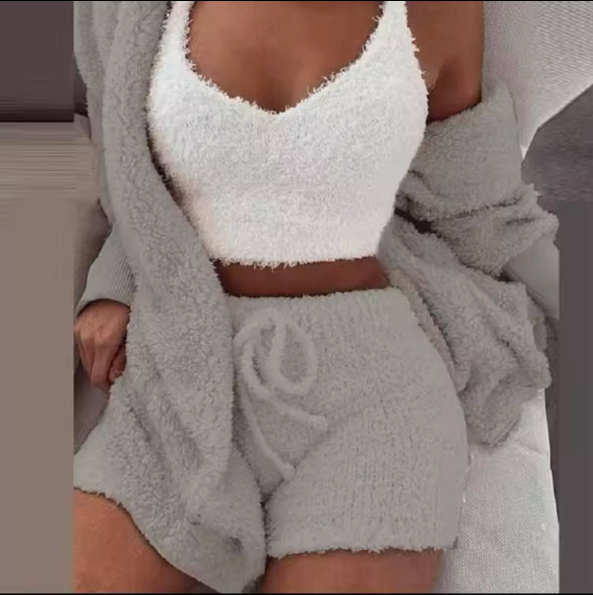 Fluffy 3-Piece Pajama Set for Women – Casual Sleepwear, Tank Top, Shorts, and Cozy Hoodie for Winter, Plus Size Leisure Homsuit