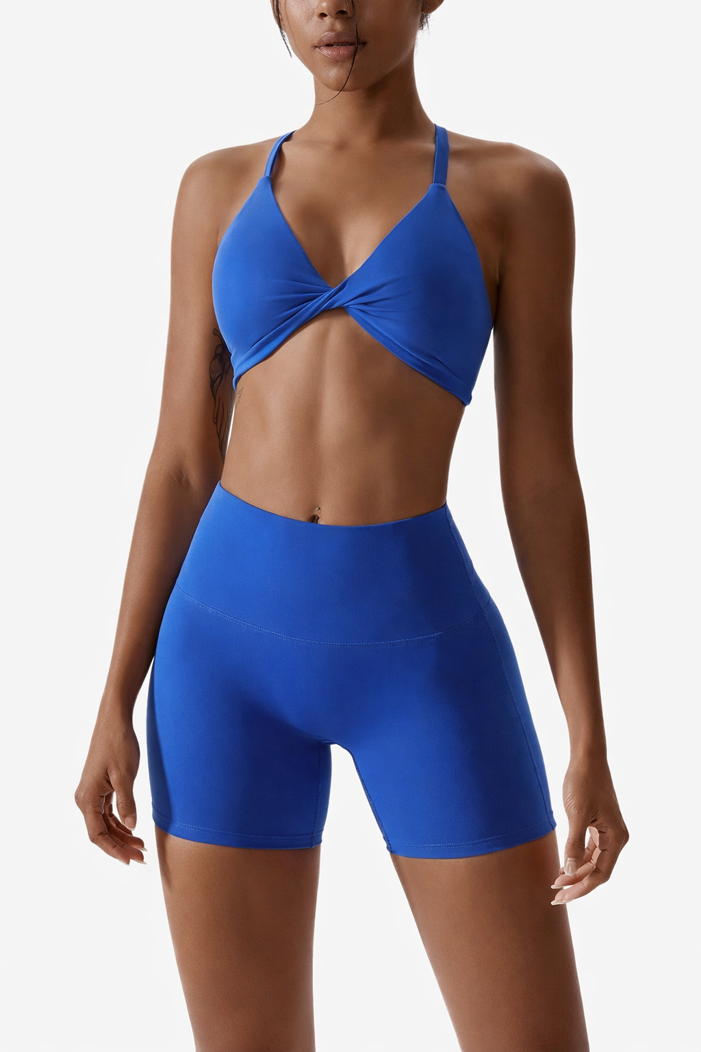 Women’s 2 Piece Workout Set – Ruched Halter Sports Bra & High Waist Mini Shorts Summer Activewear Outfit