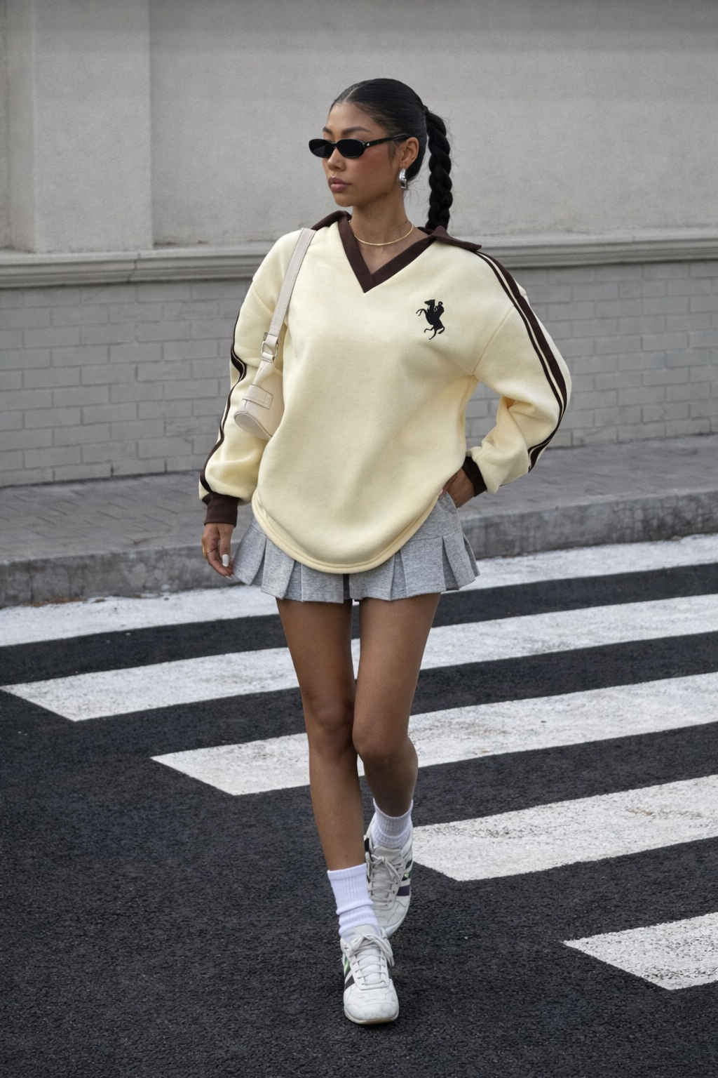 Women’s Thermal Lined Polo Neck Sweatshirt – Ribbon Embroidery Autumn/Winter Streetwear Top
