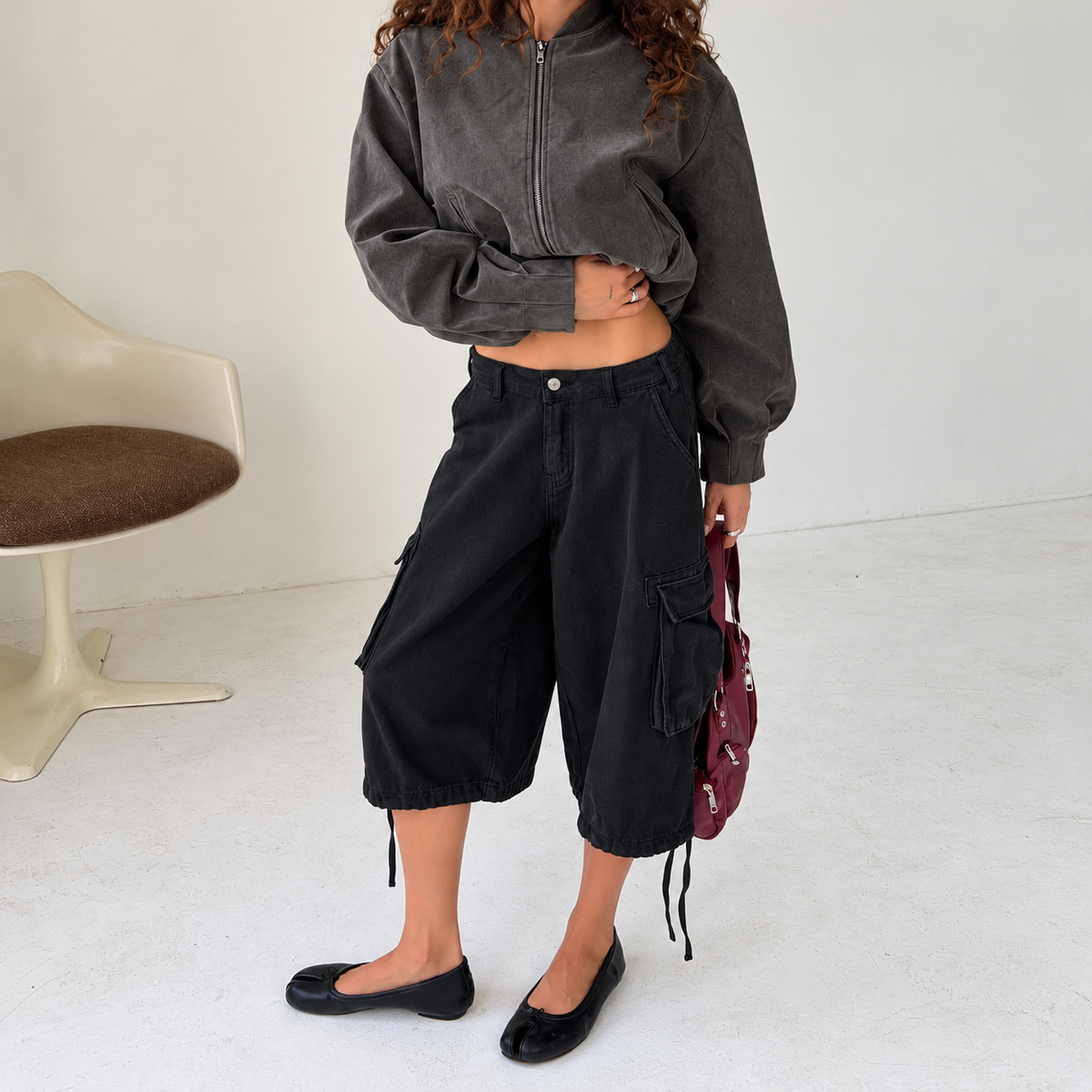 Women’s Black Longline Cargo Shorts – Baggy Fit Cotton Bermuda Shorts - UltraChic