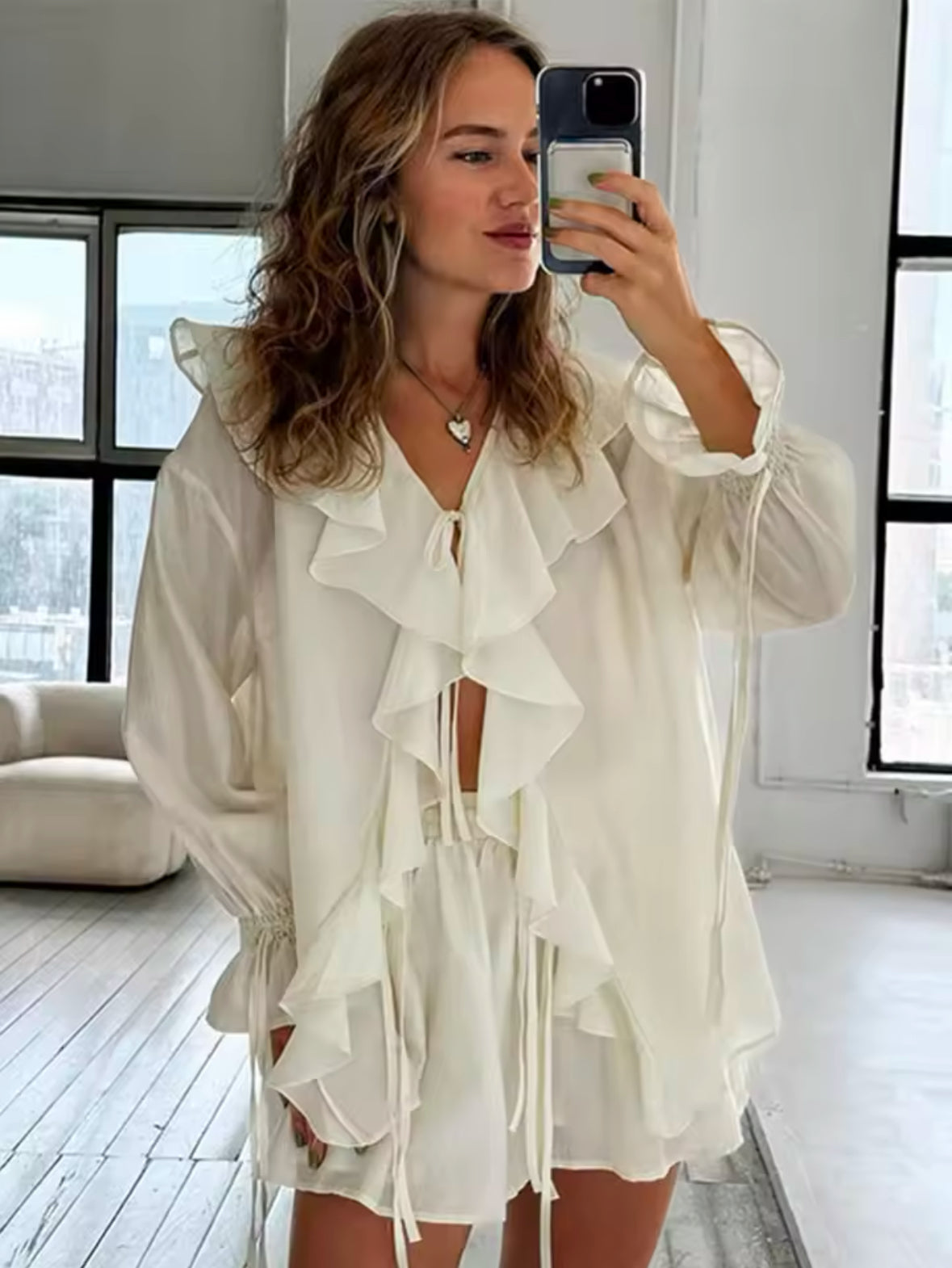 Casual Ruffles Shorts Suit for Women – V Neck See-Through Hollow Out Set with Lace-Up Detail | 2025 Spring Fashion for Ladies