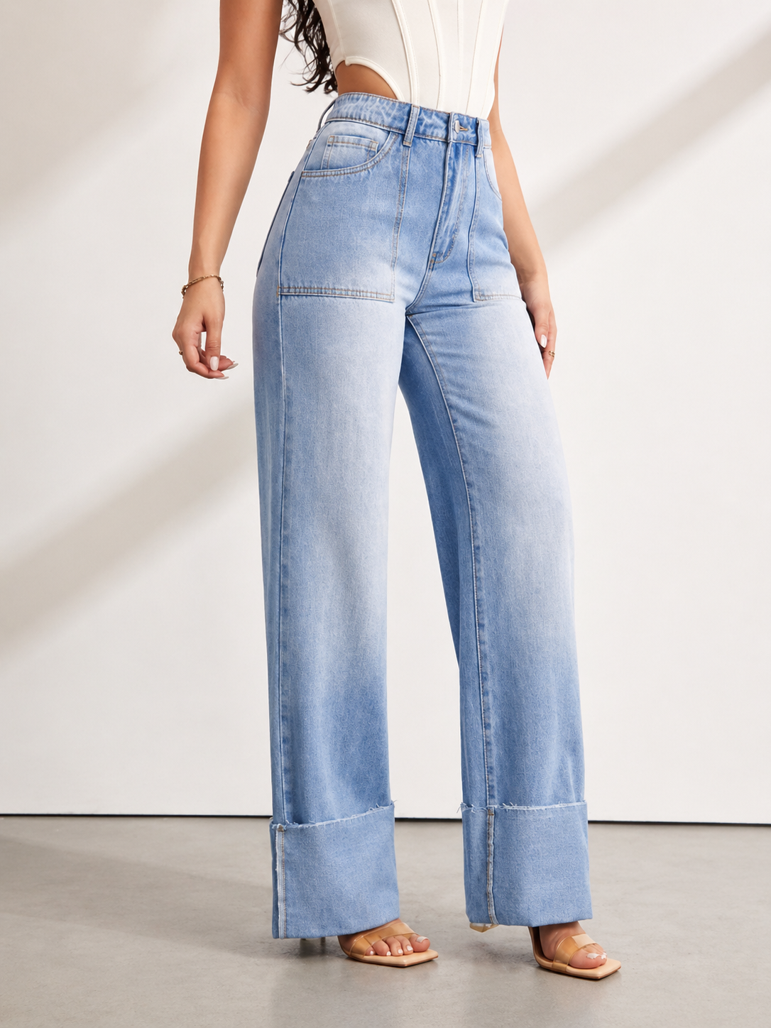 Wide Leg Denim Jeans High Waist Cuffed Hem Tall Fit Effortless Chic Summer Women