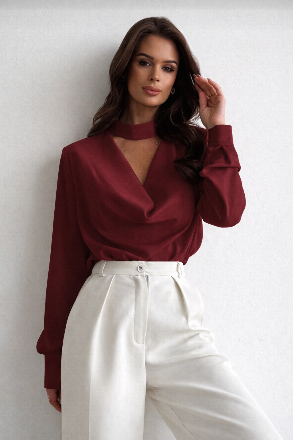 Women’s Draped Scarf Collar Poplin Shirt – Elegant Spring Summer Commuter Blouse - UltraChic