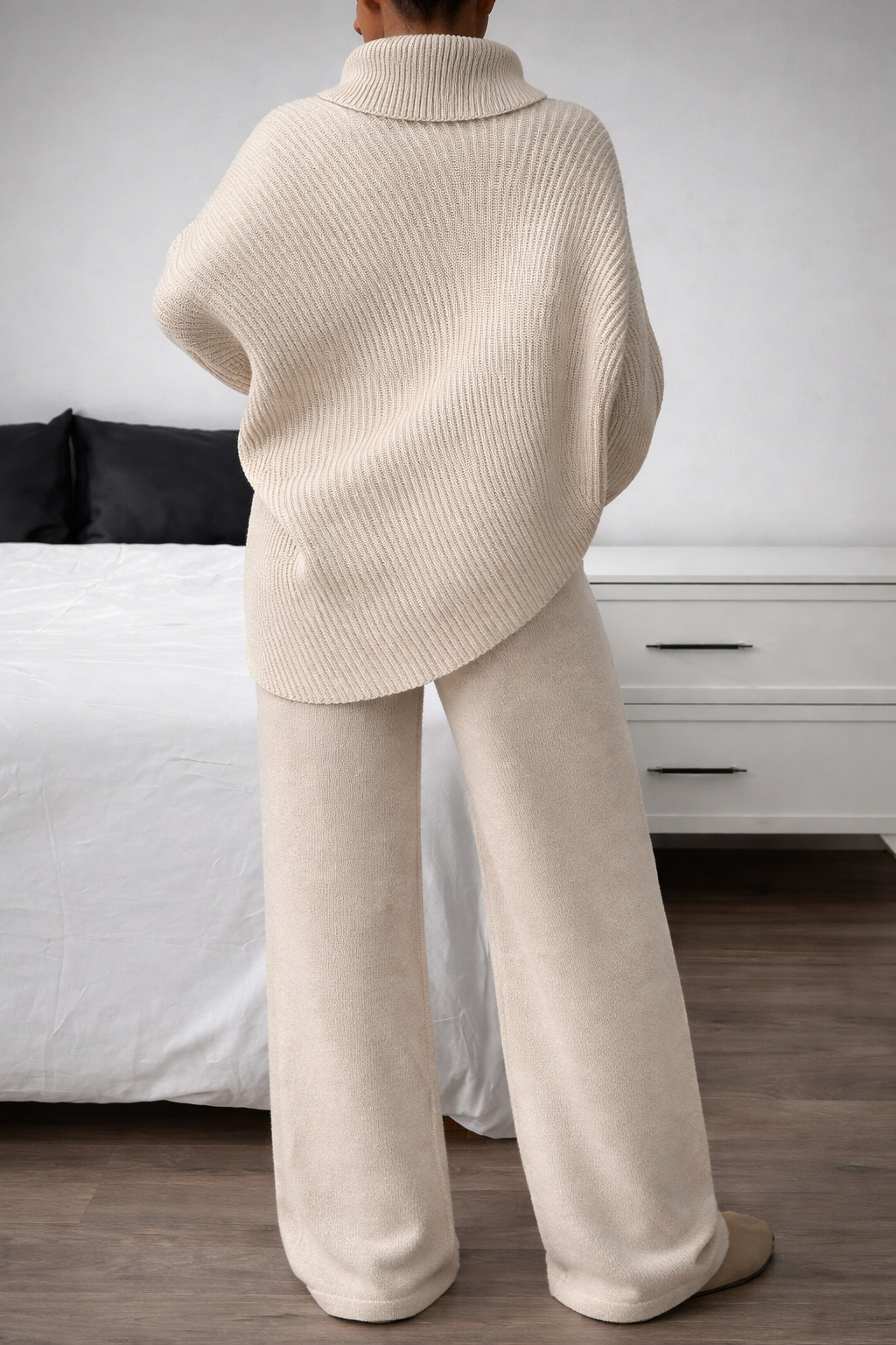 Women’s Turtleneck Oversized Knit Two-Piece Set – Batwing Sweater & Wide Leg Pants Winter Outfit