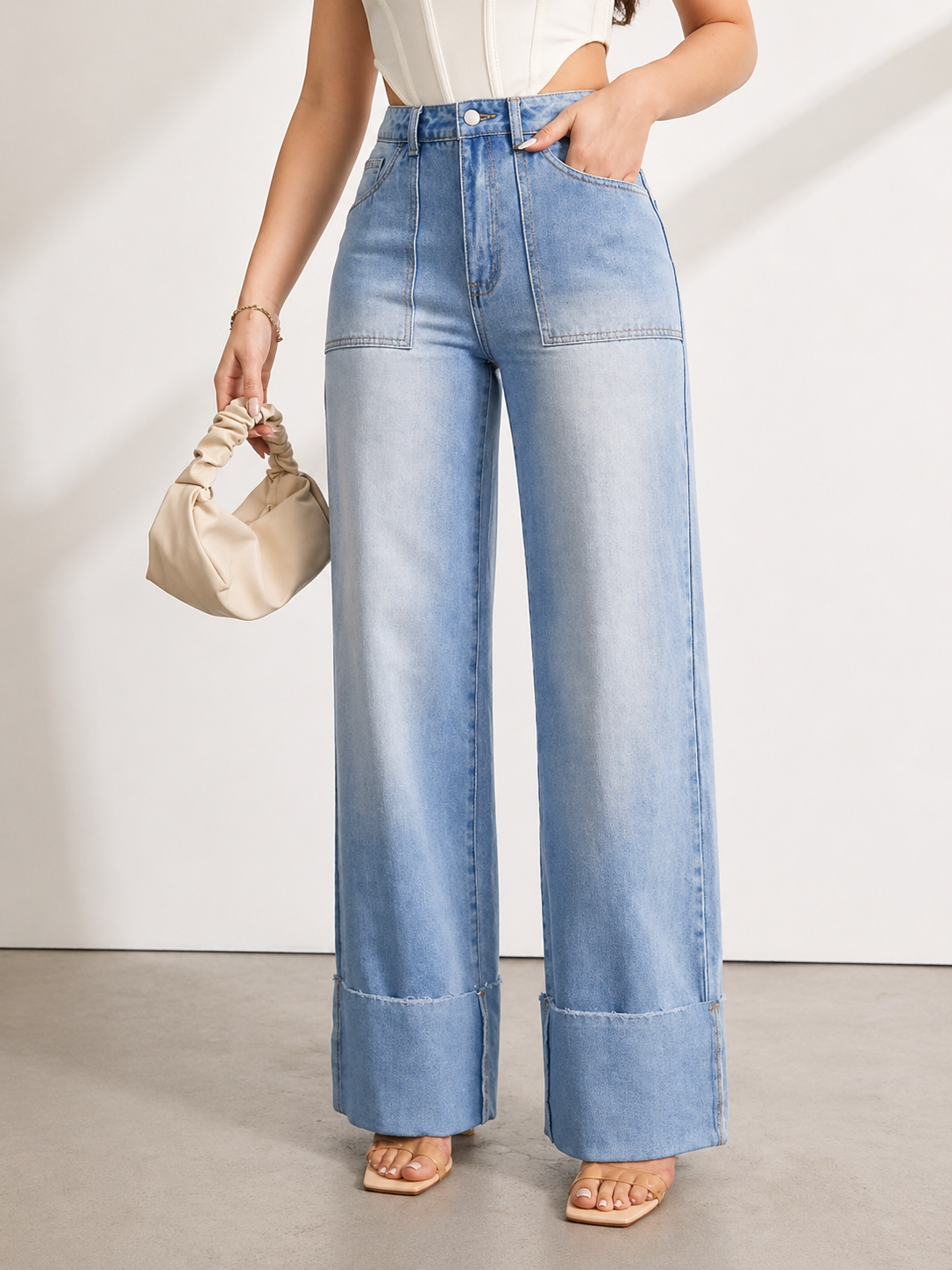 Wide Leg Denim Jeans High Waist Cuffed Hem Tall Fit Effortless Chic Summer Women