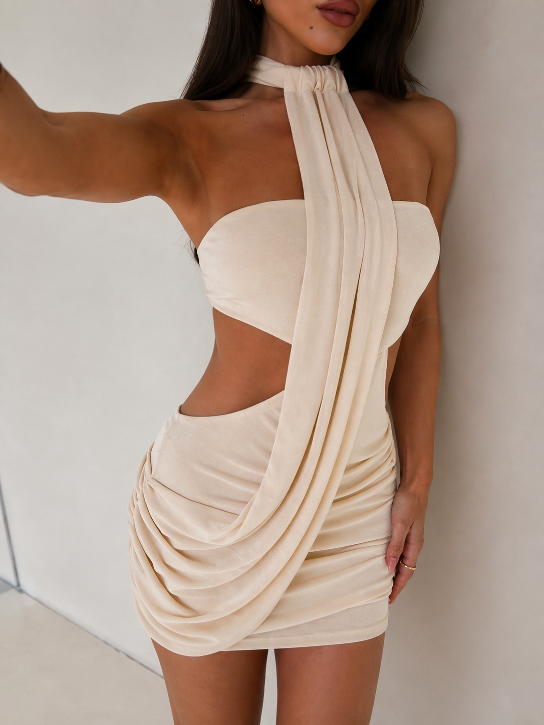 Asymmetric Halter Bodycon Mini Dress Sculpted Silhouette Effortless Chic Look Summer Women