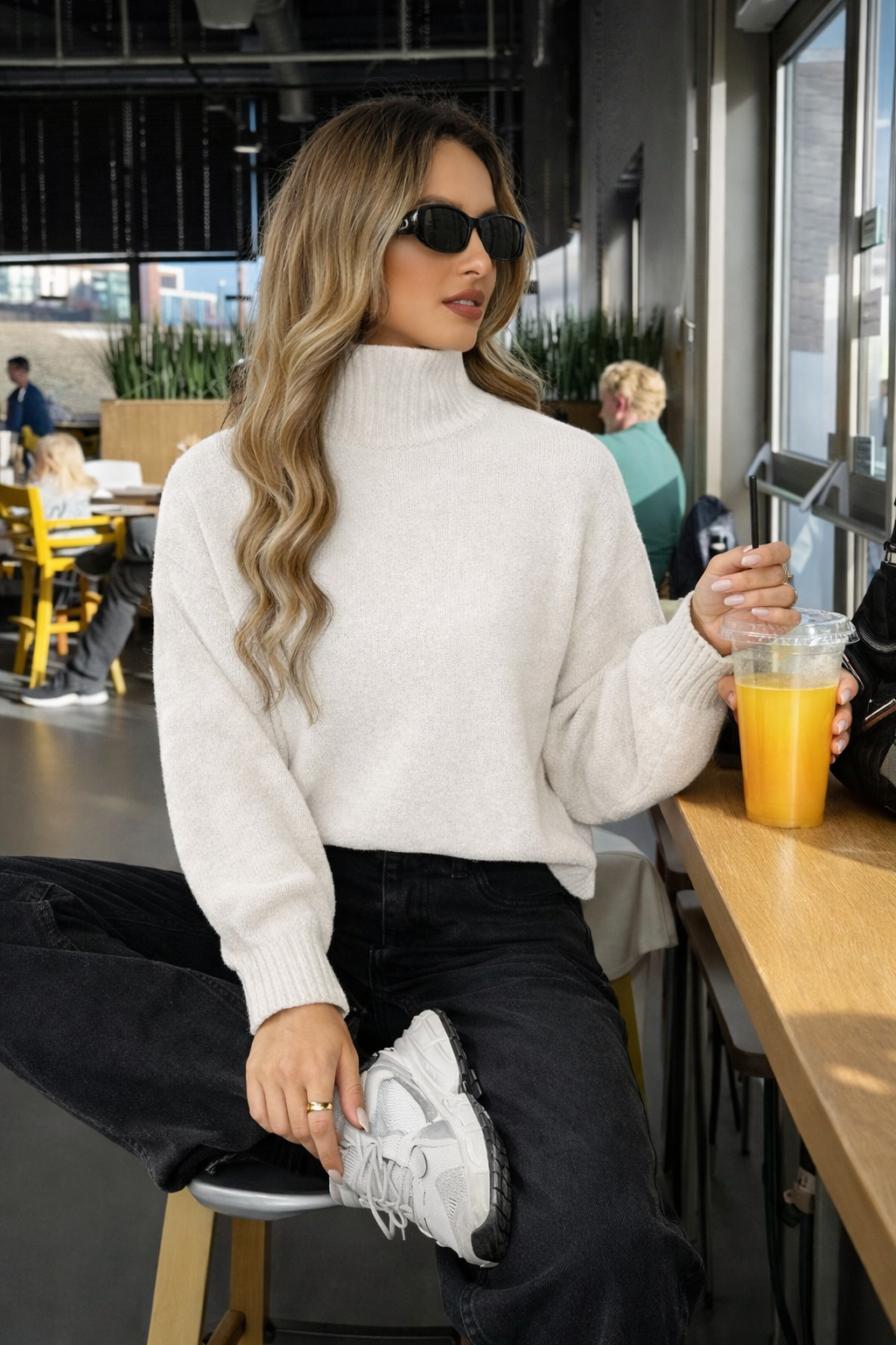 Women’s High Neck Ribbed Knit Sweater – Slim Fit White Commuter Pullover for Autumn & Winter - UltraChic