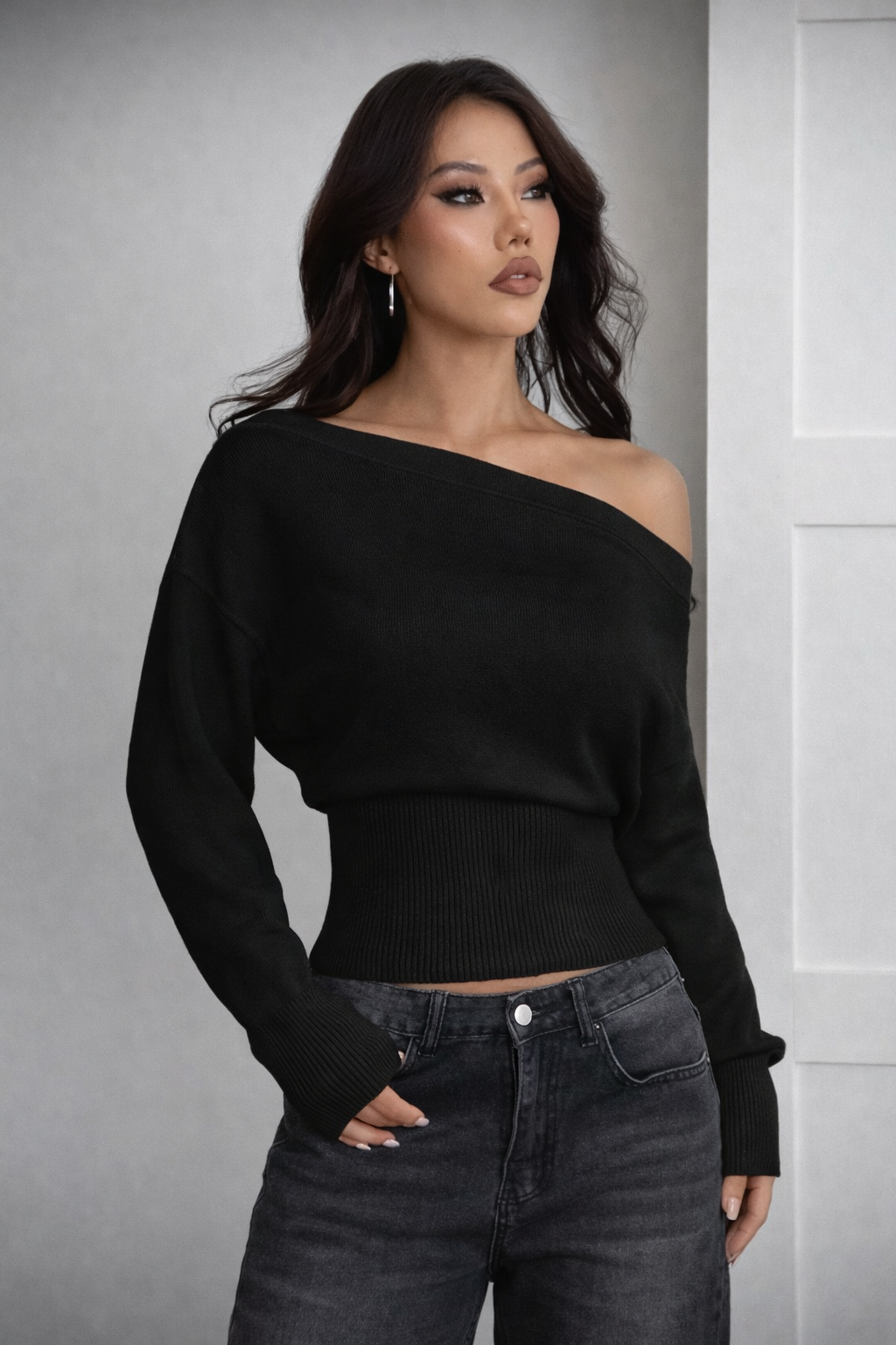 Women’s Oversized Off Shoulder Knit Sweater – Asymmetric Romantic Loose Fit Autumn Winter Top