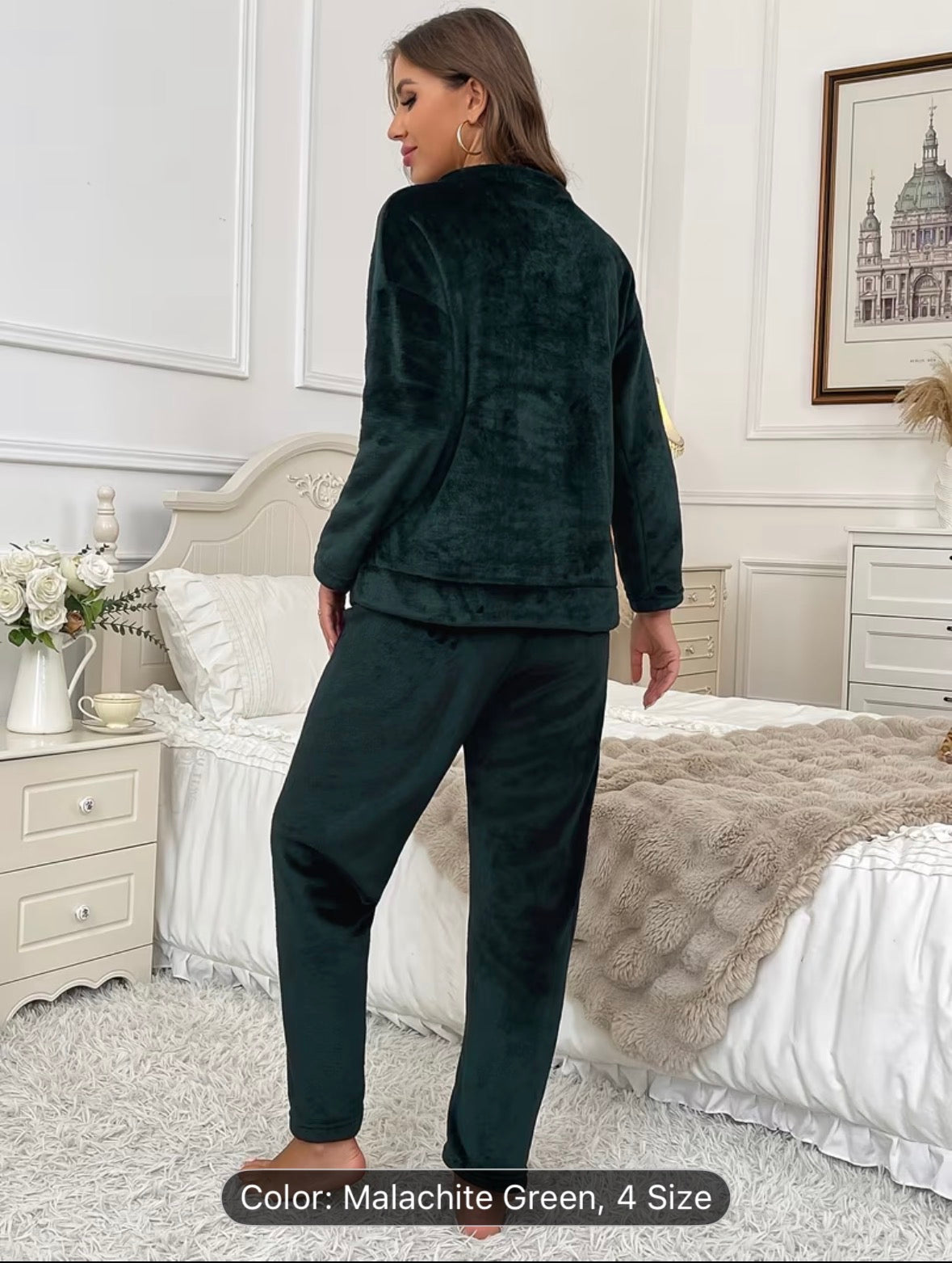 Women’s Autumn/Winter Flannel Coral Fleece Long Sleeve Pajama Set – Comfortable Warm Loungewear with Letter Embroidery, Casual Home Sleepwear Black - UltraChic
