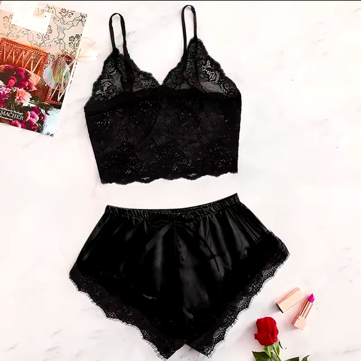 2025 Summer Lace Pajama Set for Women – Sexy See-Through Cami Top & Shorts, Breathable and Comfortable in Black or Pink