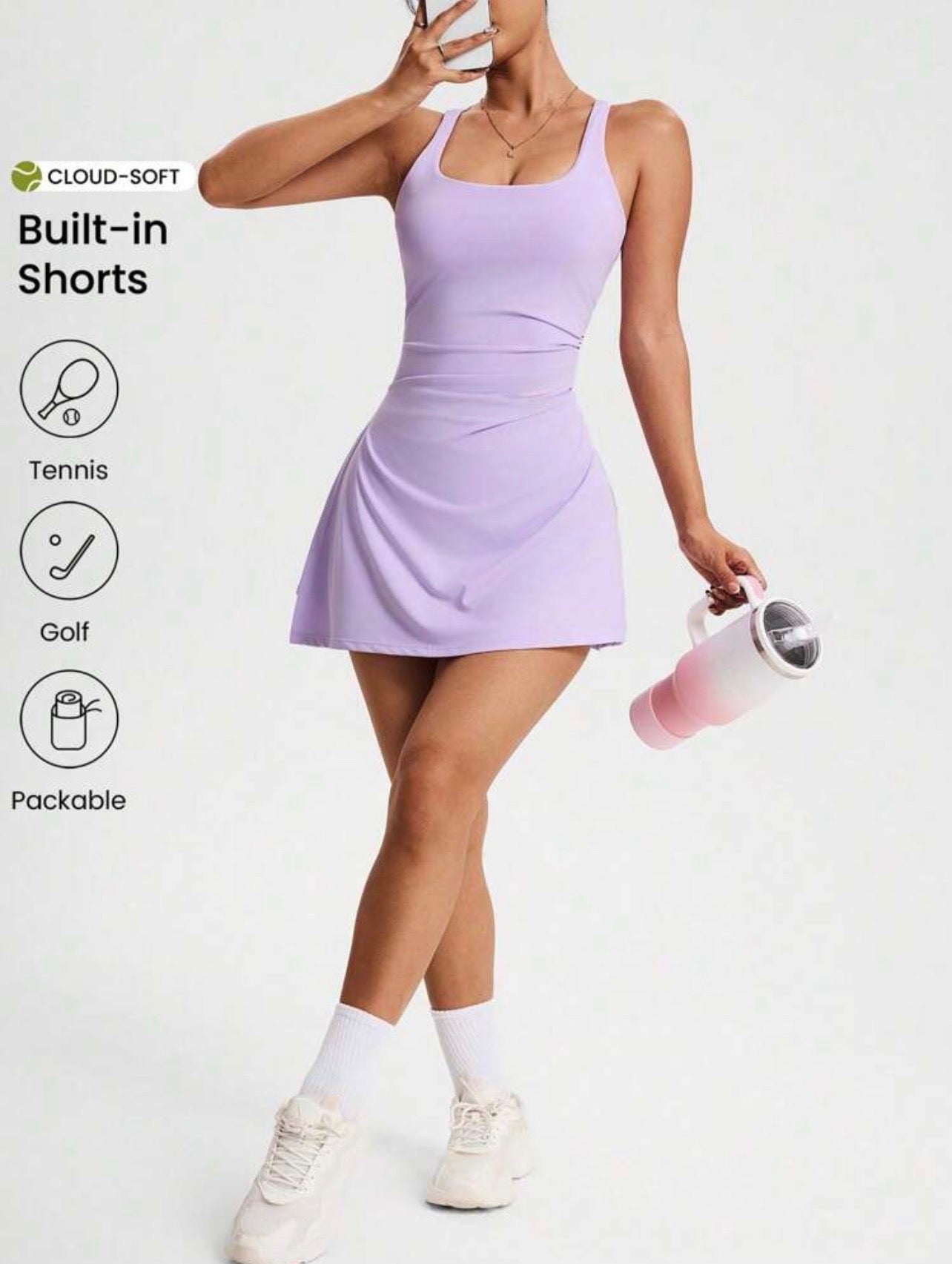 Women’s Pleated Tennis Dress – Square Neck Sleeveless Summer Athletic Casual Sport Dress
