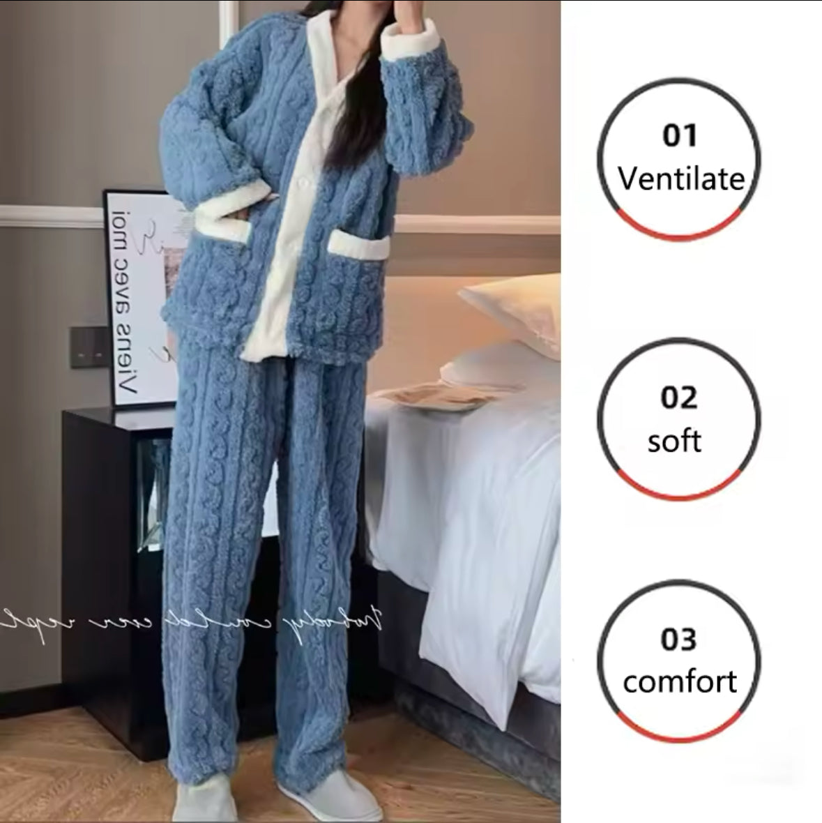 Warm & Cozy 2-Piece Pajama Set for Women – Thickened Coral Velvet Cardigan & Trousers for Autumn & Winter Comfort
