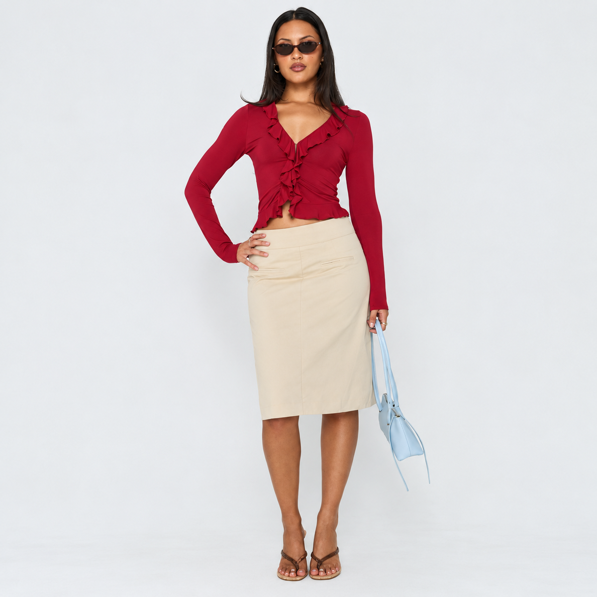 Women’s Beige Pencil Midi Skirt – High Waist Cotton Skirt - UltraChic
