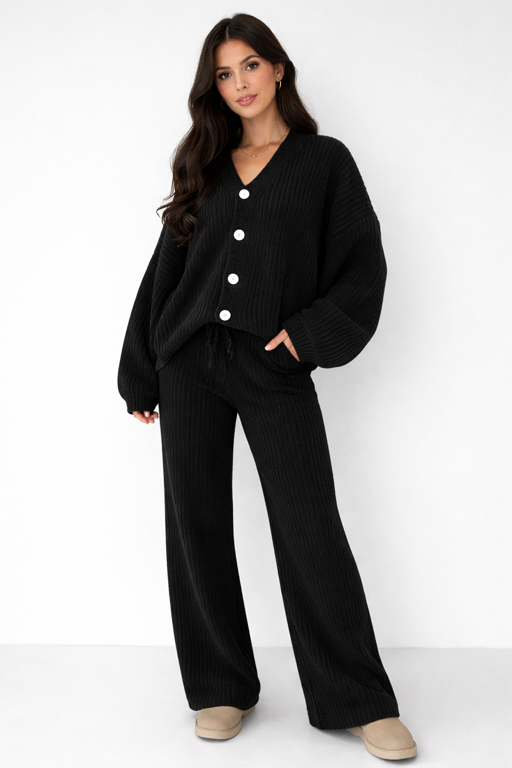 Women’s Knit Cardigan & Flare Pants Set – Cozy Autumn Casual Two-Piece Outfit - UltraChic