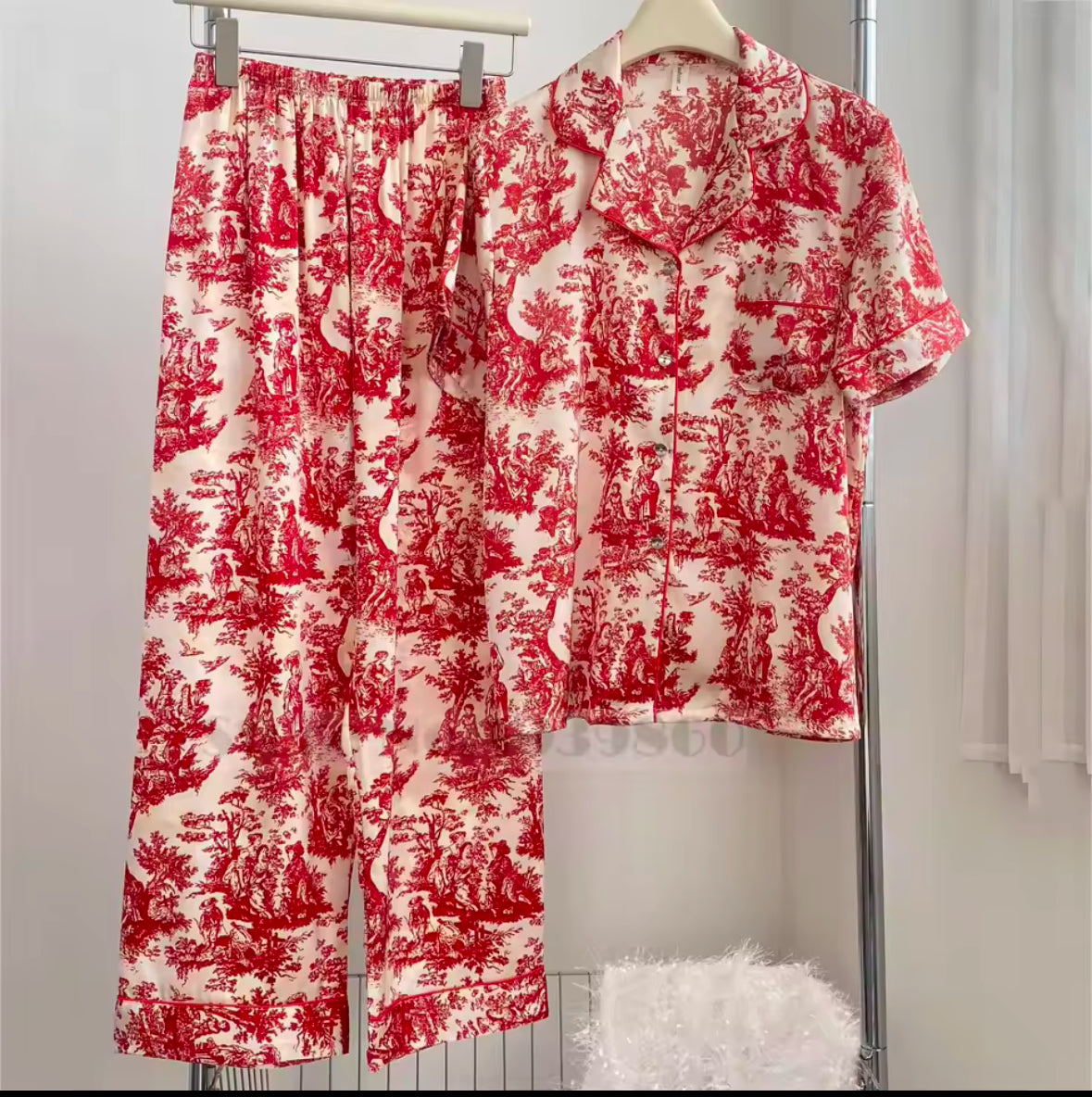 Fashionable Floral Print 2PCS Pajama Set for Women – Comfortable Satin Sleepwear, Spring & Summer Lounge Wear, Loose Fit Trouser Suit for Relaxing at Home