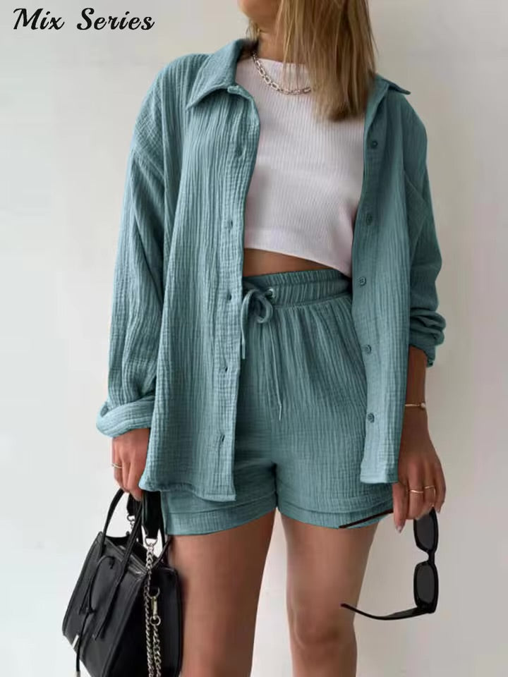Effortless Elegance – Spring 2025 Pleated Blouse & Lace-Up Shorts Set for the Modern Muse