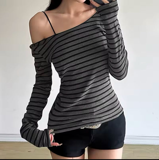 Women’s Slim Fit Long-Sleeved Striped T-Shirt – Japanese & Korean Street Style for Spring and Fall