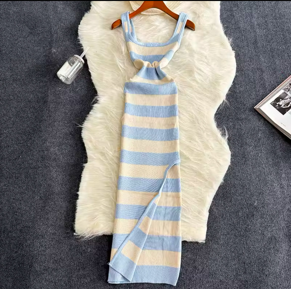 2025 Stripe Summer Bodycon Dress with Elastic Split – Sexy Beach Vacation Sundress for Women, Casual Slim Fit Maxi Long Dress