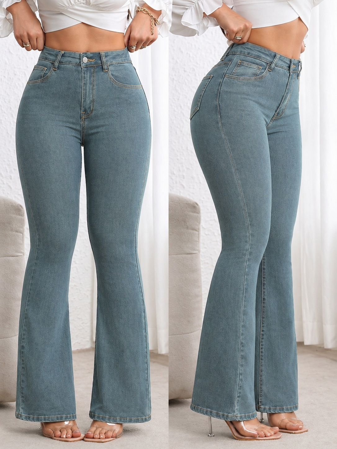 Flare Denim Jeans High Waist Curve Enhancing Slim Fit Legs Elongating Elegant Look All Season Women