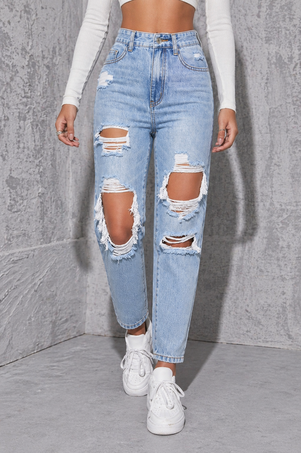 Ripped High Waist Straight Leg Jeans Slim Shape Effortless Style All Season Women