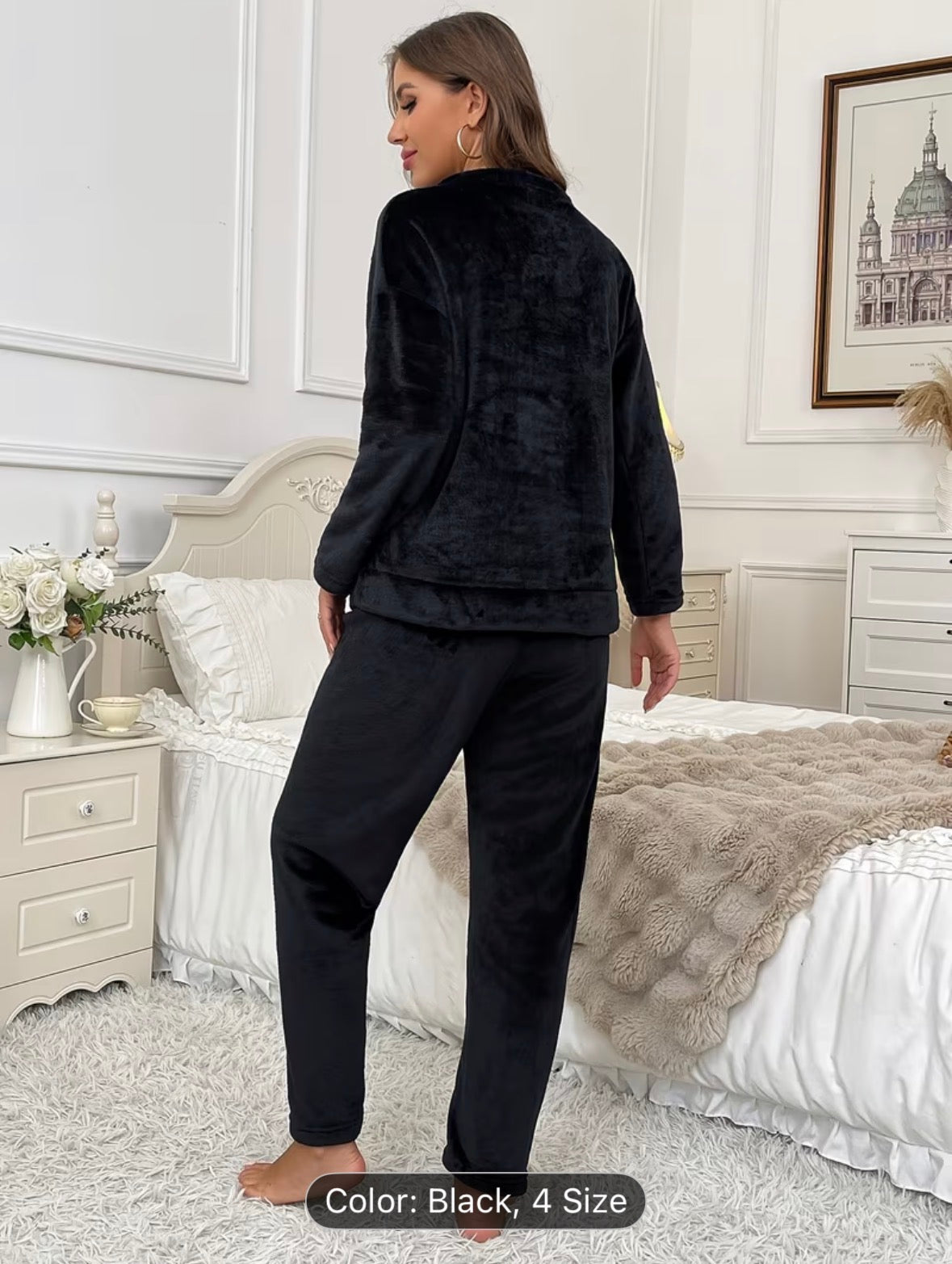 Women’s Autumn/Winter Flannel Coral Fleece Long Sleeve Pajama Set – Comfortable Warm Loungewear with Letter Embroidery, Casual Home Sleepwear Black - UltraChic