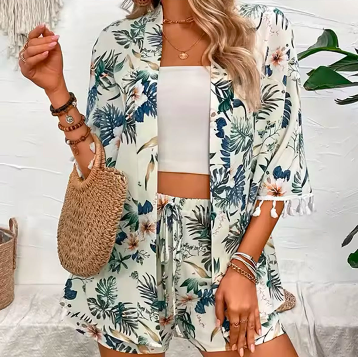 Summer Women’s Two-Piece Set – Open-Front Cardigan & Flower Printed Beach Shorts – Stylish Beachwear & Casual Outfits for Women 2025
