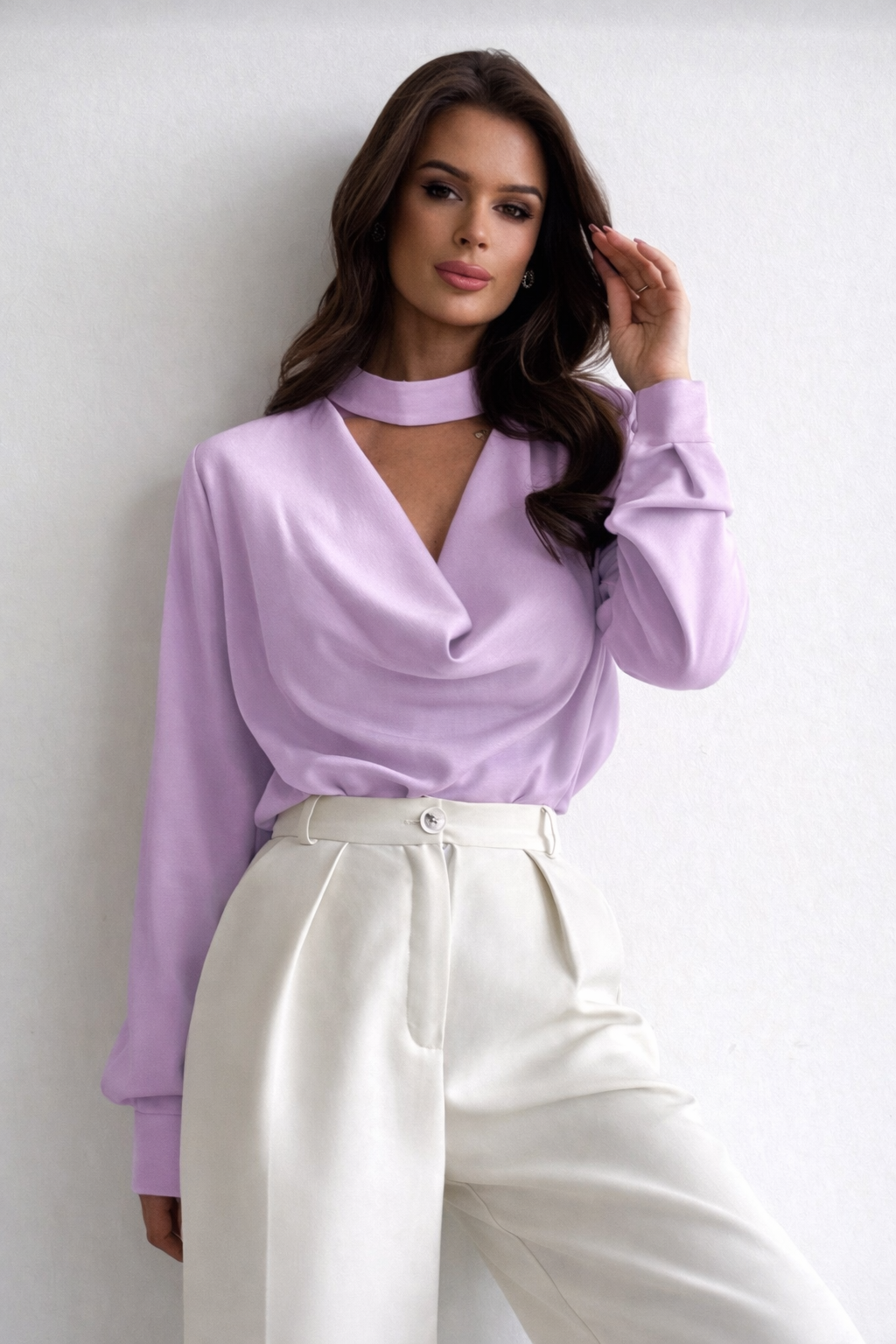 Women’s Draped Scarf Collar Poplin Shirt – Elegant Spring Summer Commuter Blouse - UltraChic