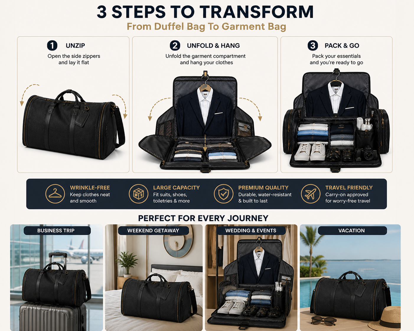 Premium Convertible Garment Duffel Bag – Wrinkle-Free Travel Organizer with Large Capacity & Smart Storage - UltraChic
