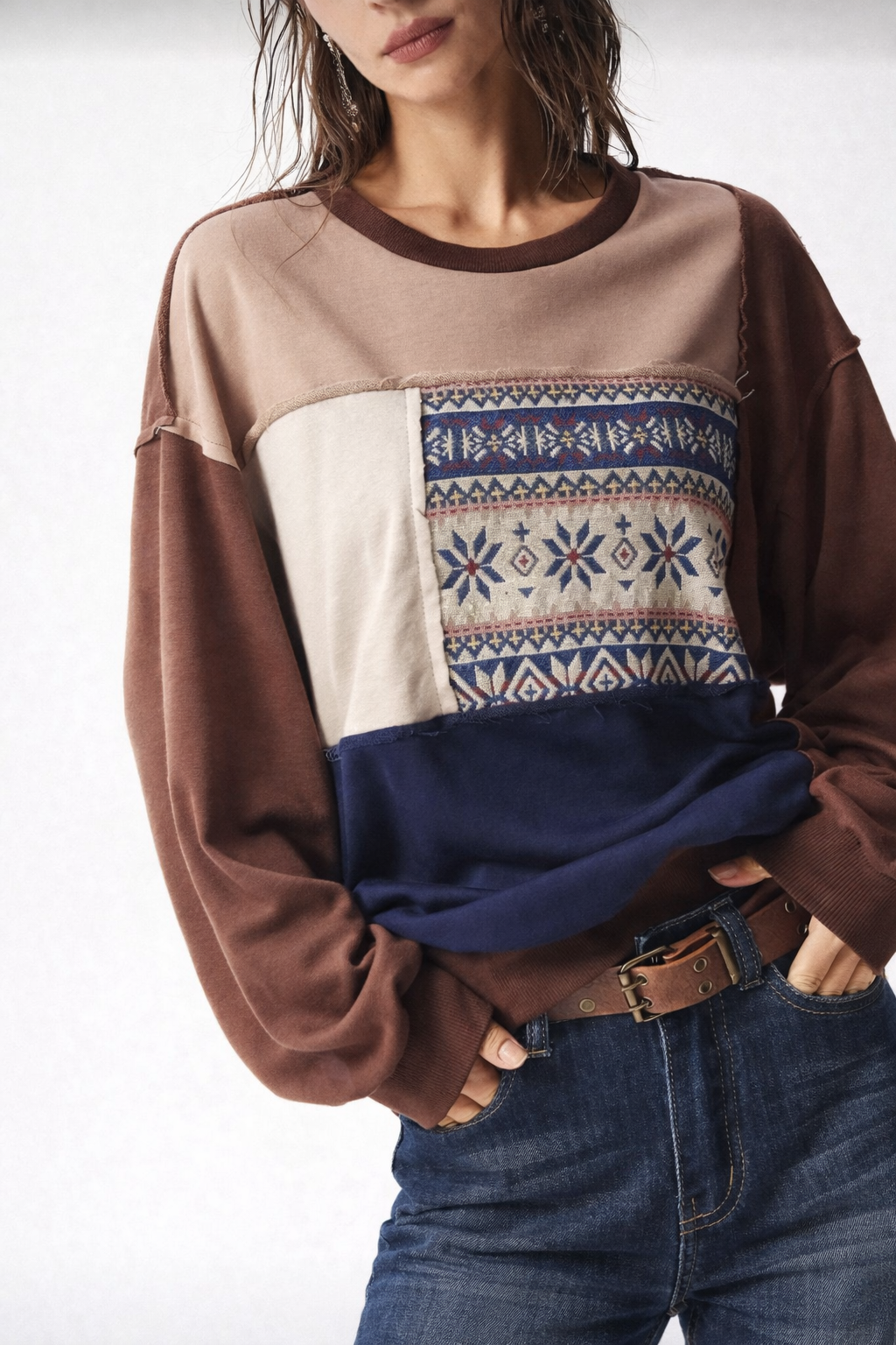 Women’s Patchwork Knit Sweatshirt – Cozy Autumn Winter Casual Top - UltraChic