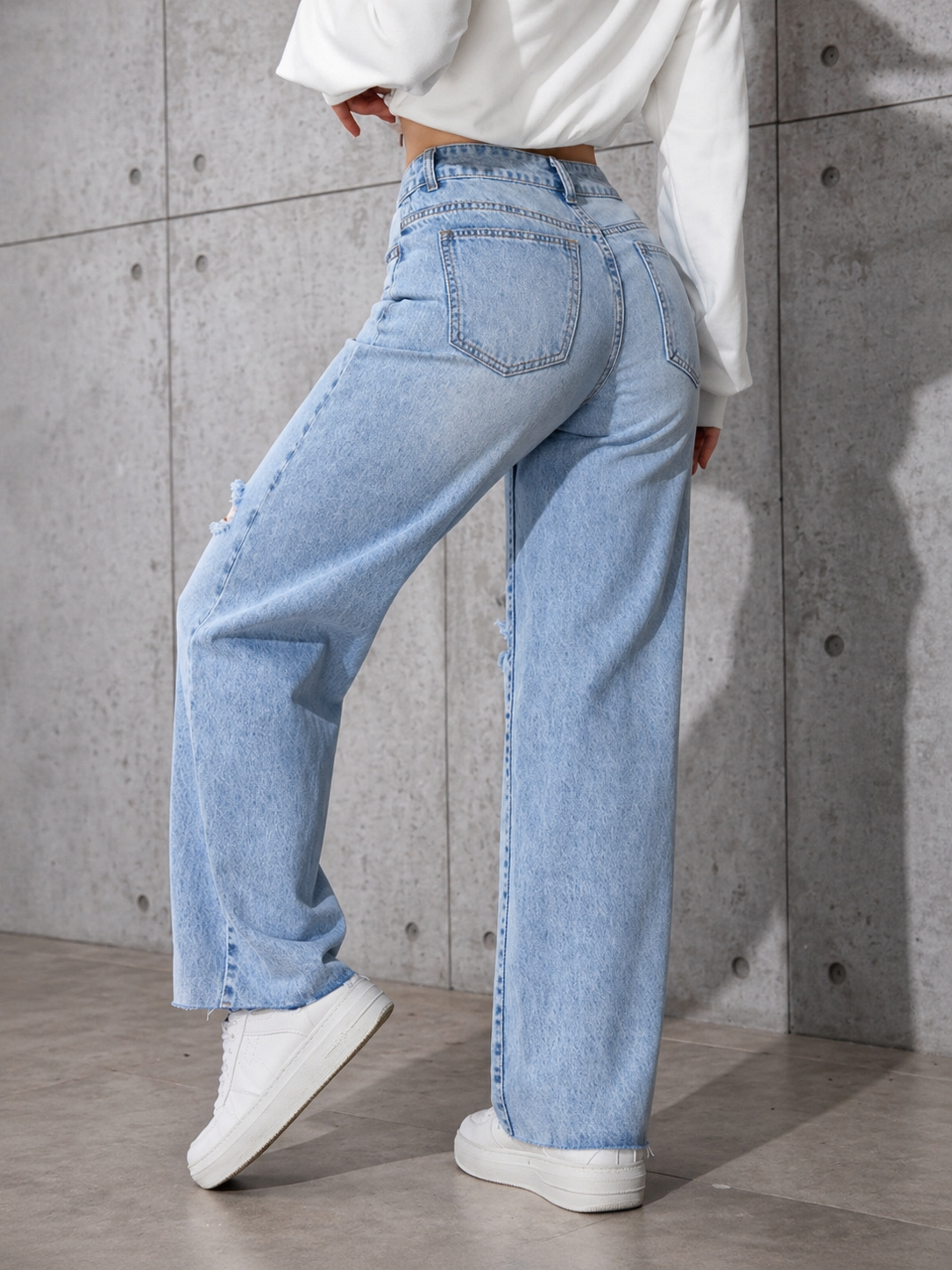 Distressed Straight Leg Jeans High Waist Relaxed Fit Effortless Street Style All Season Women