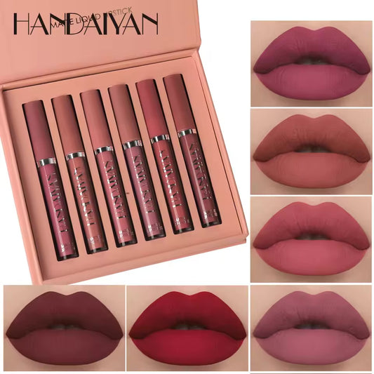 HANDAIYAN 6-Piece Matte Liquid Lipstick Set – Long-Lasting, Non-Stick Cup Lip Gloss Gift Box – Waterproof & Fade-Resistant Colors