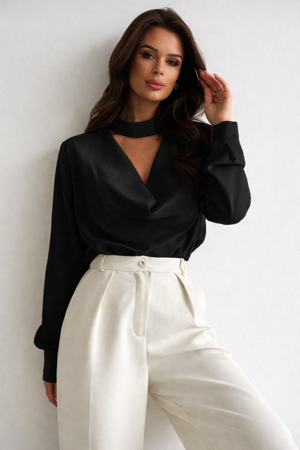 Women’s Draped Scarf Collar Poplin Shirt – Elegant Spring Summer Commuter Blouse - UltraChic