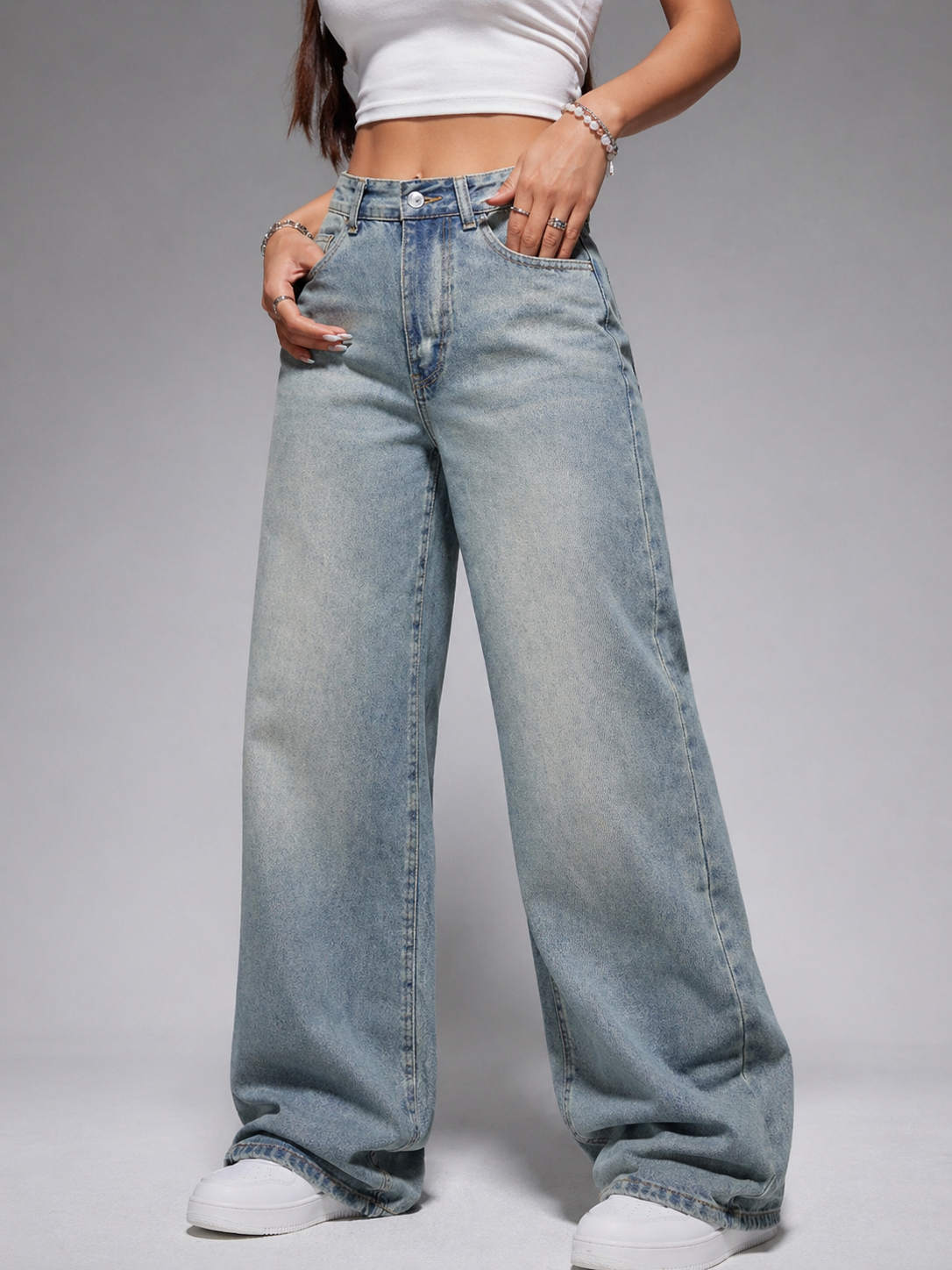 Wide Leg Denim Jeans Thick Cotton Fabric Flattering Silhouette All Season Women
